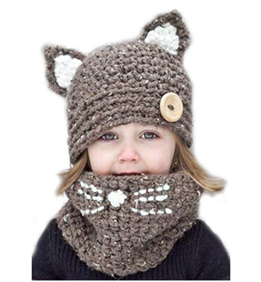 Bonnet et foulard d’hiver en tricot chaud pour jeunes enfants avec motifs de chat