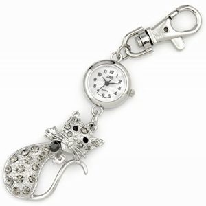 Porte-clés montre avec chat argenté