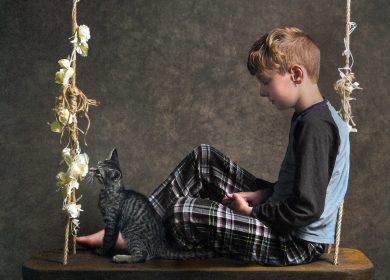 Fond d'écran d'un garçon assis sur une balançoire avec un chat