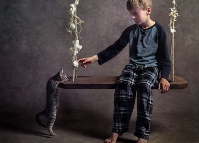 Fond d'écran d'un garçon assis sur une balançoir avec un chat qui veut le rejoindre