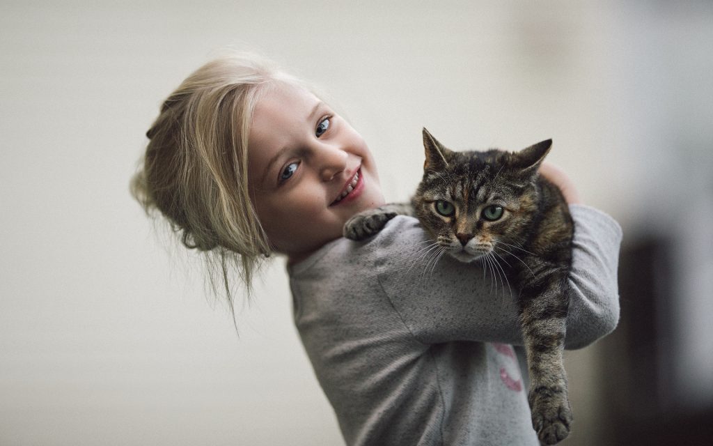 Fond d'écran d'une fillette avec un beau chat tigré dans ses bras