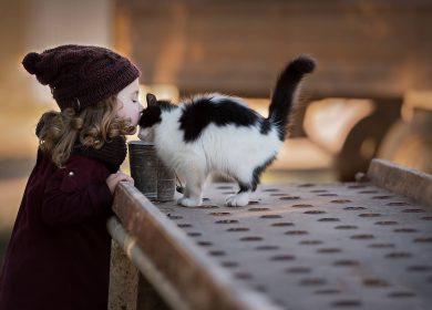 Fond d'écran d'une petite fille qui embrasse un chat noir et blanc