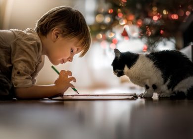 Fond d'écran d'un enfant qui dessine avec un chat noir et blanc