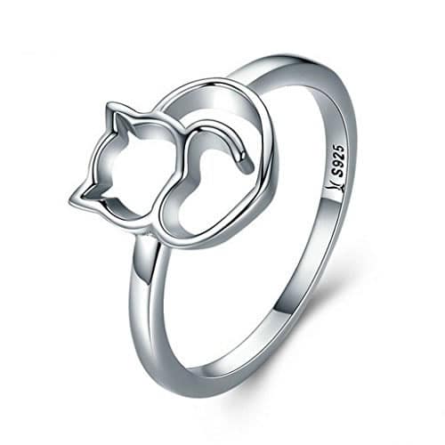 Jolie bague en argent sterling avec un chat et un coeur