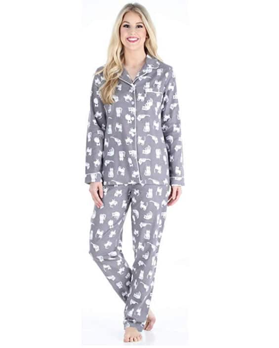 Pijama à manches longues en flanelle avec motifs de chat pour femme