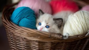 wallpaper d'un magnifique chaton Ragdoll entouré de laines dans un panier